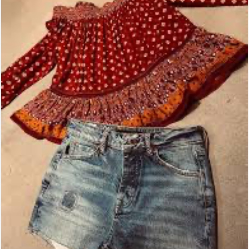 Elegant Red Patterned Off-Shoulder Blouse
